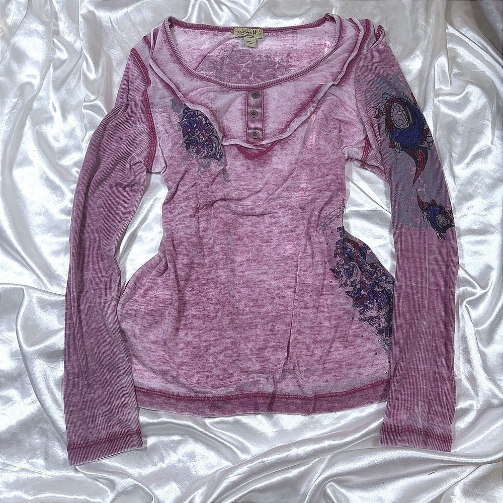 y2k Henley Top Pink Good One World Burnout Graphic Rhinestone Long Sleeve